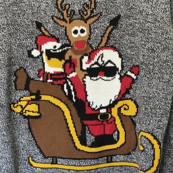 Allen Oliver Gray Black Team Santa Ugly Christmas Sweater Men's L Rudolf Sleigh - Picture 3 of 4